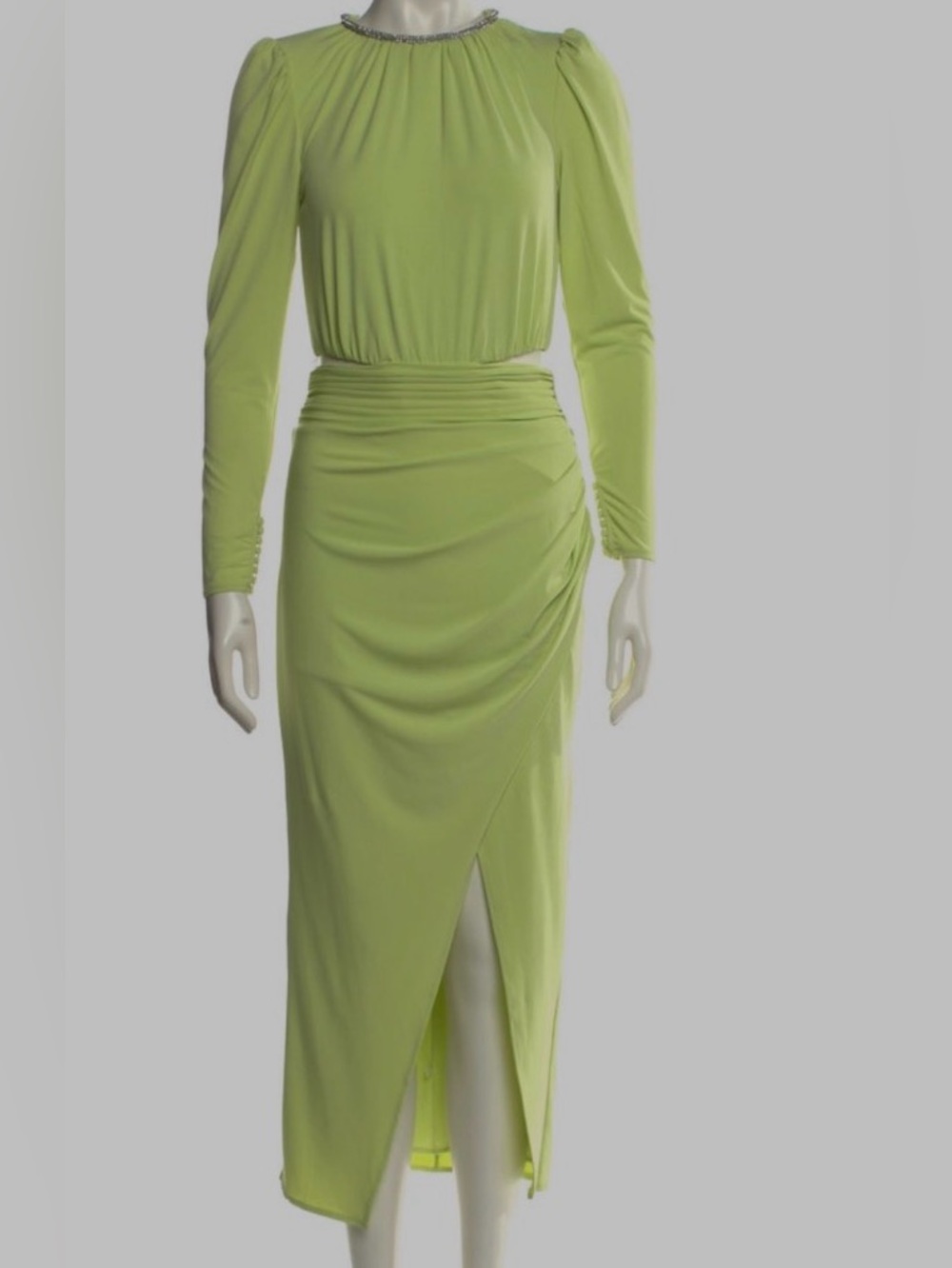Self-Portrait Lime Green Long Sleeve Ruched Midi Dress with Front Slit